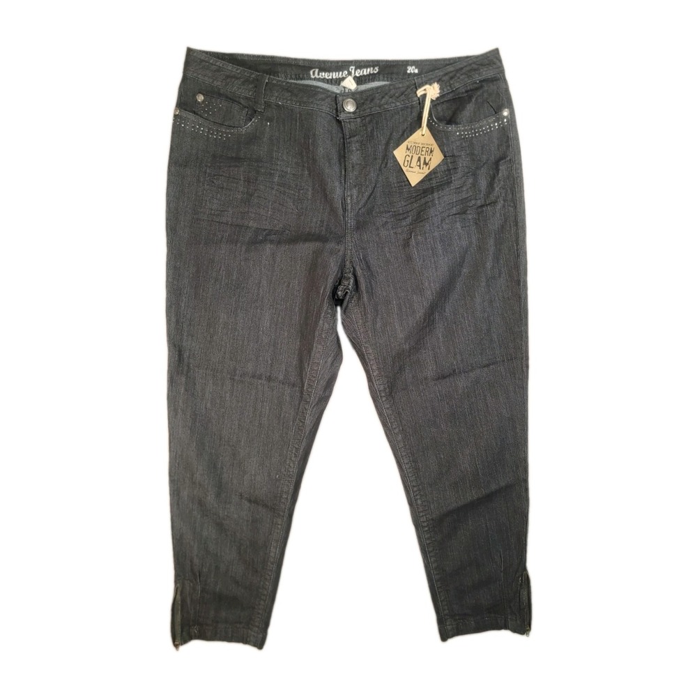 NWT Avenue Jeans Modern Glam Ankle Zip Jeans Womens 20a Dark Wash Rhinestone